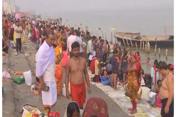 patna: on the first day of chhath puja, devotees take a sacred bath at patliputra ghat in the ganga.