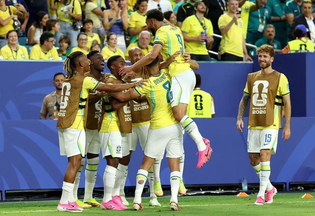 brazil players celebrate victory over Japan in the fifa world cup 2026 round of 32.