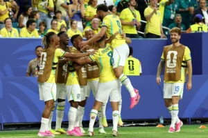 brazil players celebrate victory over Japan in the fifa world cup 2026 round of 32.