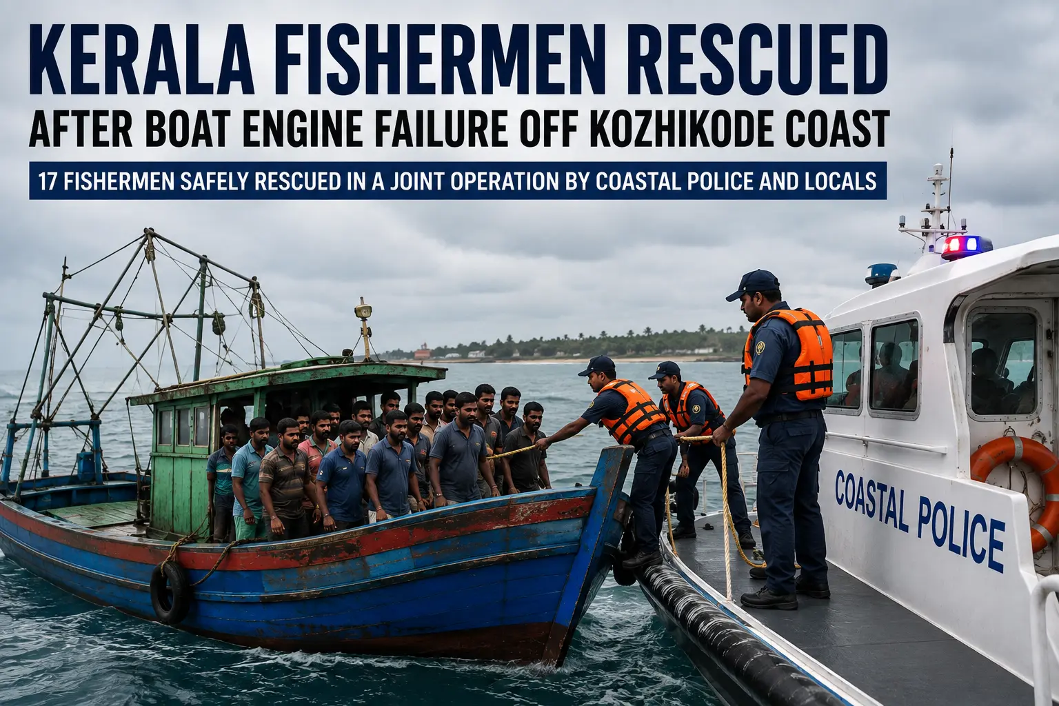 kerala fishermen rescued after boat engine failure